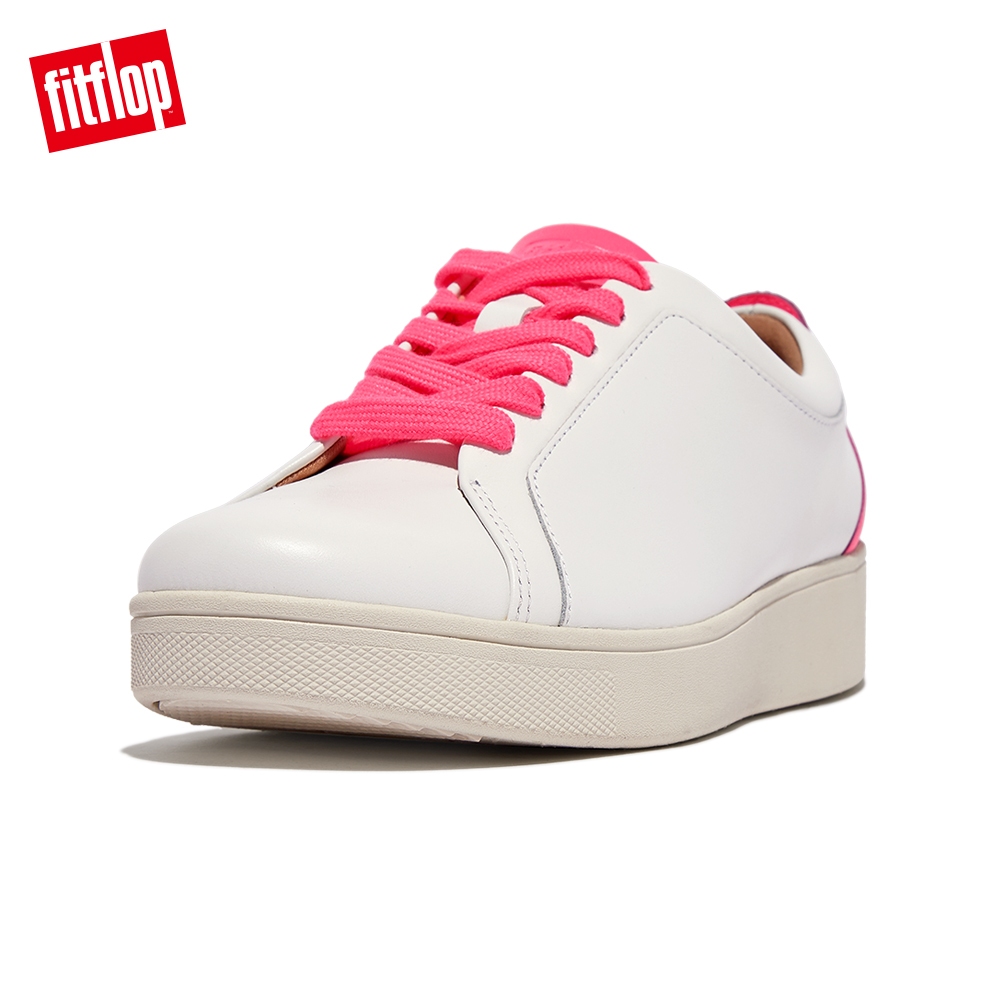 【FitFlop】RALLY NEON POP LEATHER SNEAKERS螢光撞色繫帶休閒鞋-女(都會白/螢光粉)