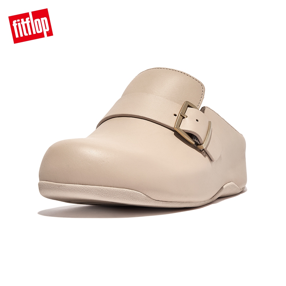 【FitFlop】SHUV BUCKLE STRAP LEATHER CLOGS金屬扣環裝飾木屐鞋-女(白石色)
