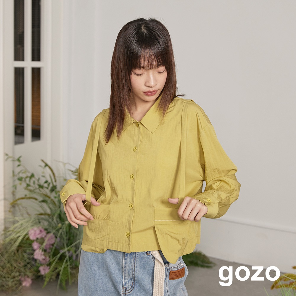 【gozo】涼感口袋造型肩帶短版襯衫(黃色/卡其_F) | 女裝 襯衫領 百搭