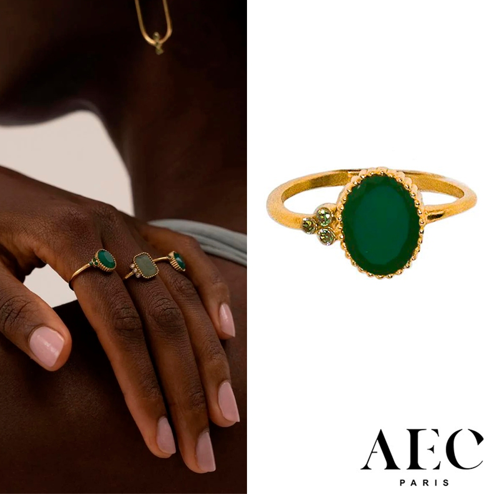 AEC PARIS 巴黎品牌 橢圓切割綠瑪瑙戒指 幸運3綠鑽戒指 THIN RING THEIA