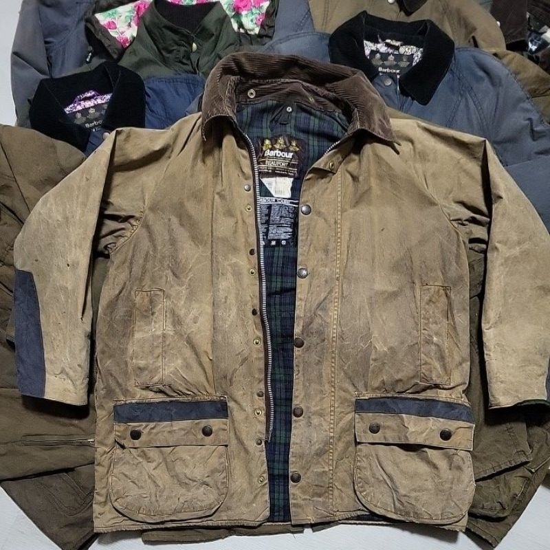 日本 古着 英國 Barbour BEAUFORT 老牌 油布外套 英國製 咖啡 燈芯絨 立領 拼接樣式
