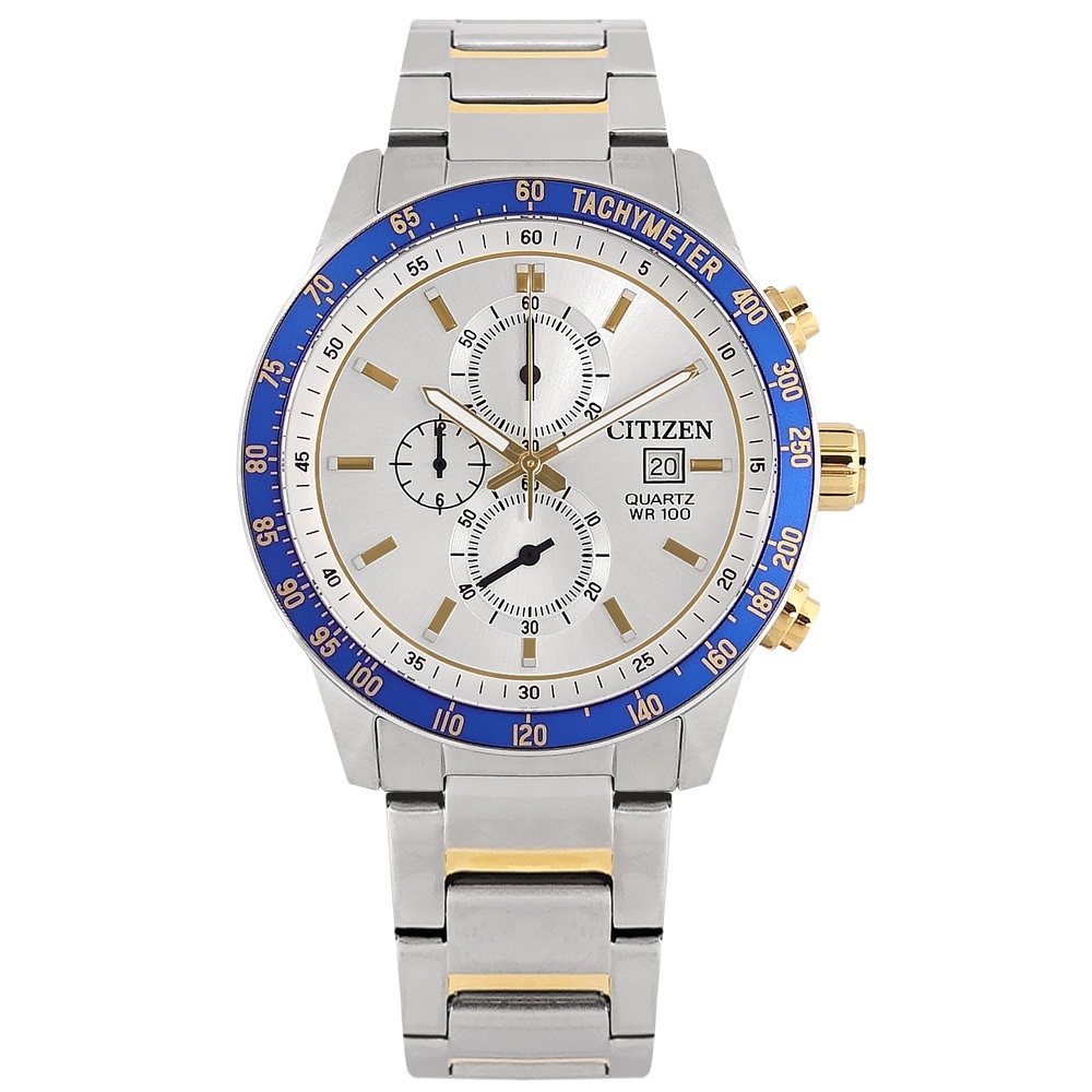 CITIZEN / 經典三眼 計時碼錶 日期 防水100米 不鏽鋼手錶 白x鍍金 / AN3686-53A / 44mm