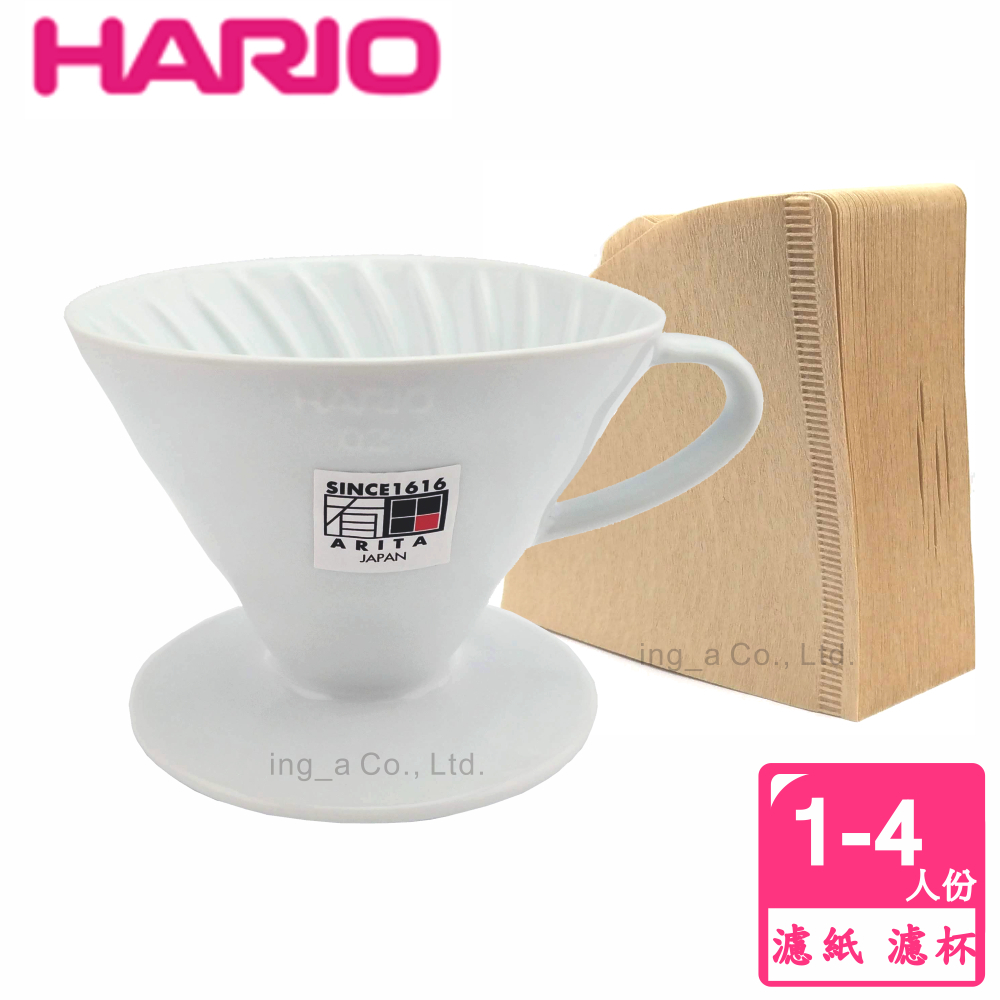 Hario V60 1~4人份有田燒陶瓷濾杯 VDC-02W及 02無漂白濾紙 VCF-02-110M 超值組,日本製