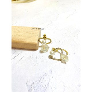 Anna House 珍珠小白花愛心鋯石雙戴耳環 銅鍍K金