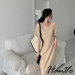 【HanVo】輕熟風露背開岔短袖洋裝 優雅別緻設計感洋裝 韓系女裝 女生衣著 3705