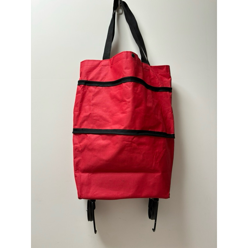 二手🌈帶輪購物袋 便捷式滑輪購物袋 環保袋 收納袋 買菜車 大容量購物袋 可折疊購物袋（紅黑色）