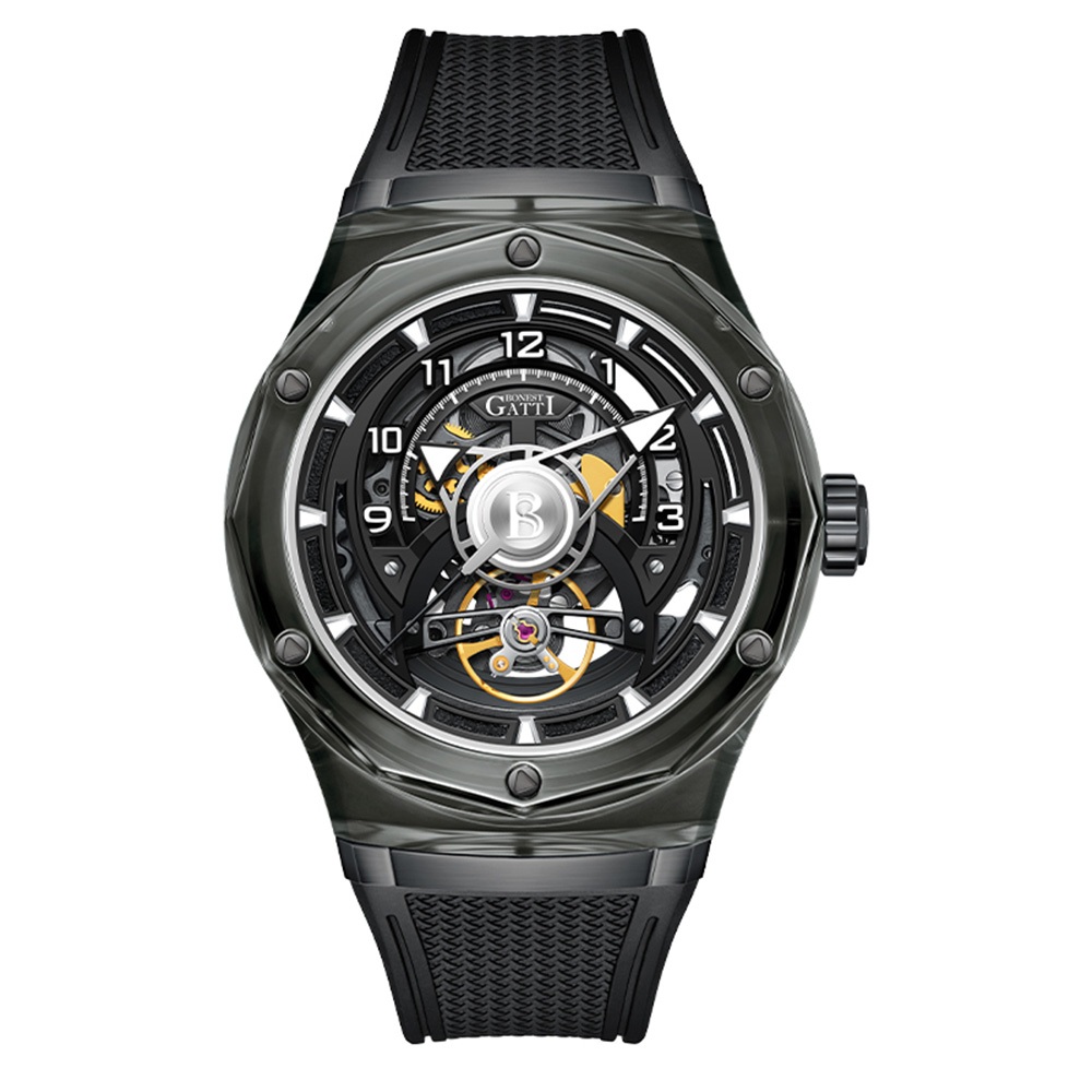 BONEST GATTI | 原廠授權布加迪 馳風競速系列 圓形鏤空設計造型 B字指針 氟橡膠錶帶 自動上鍊機械腕錶