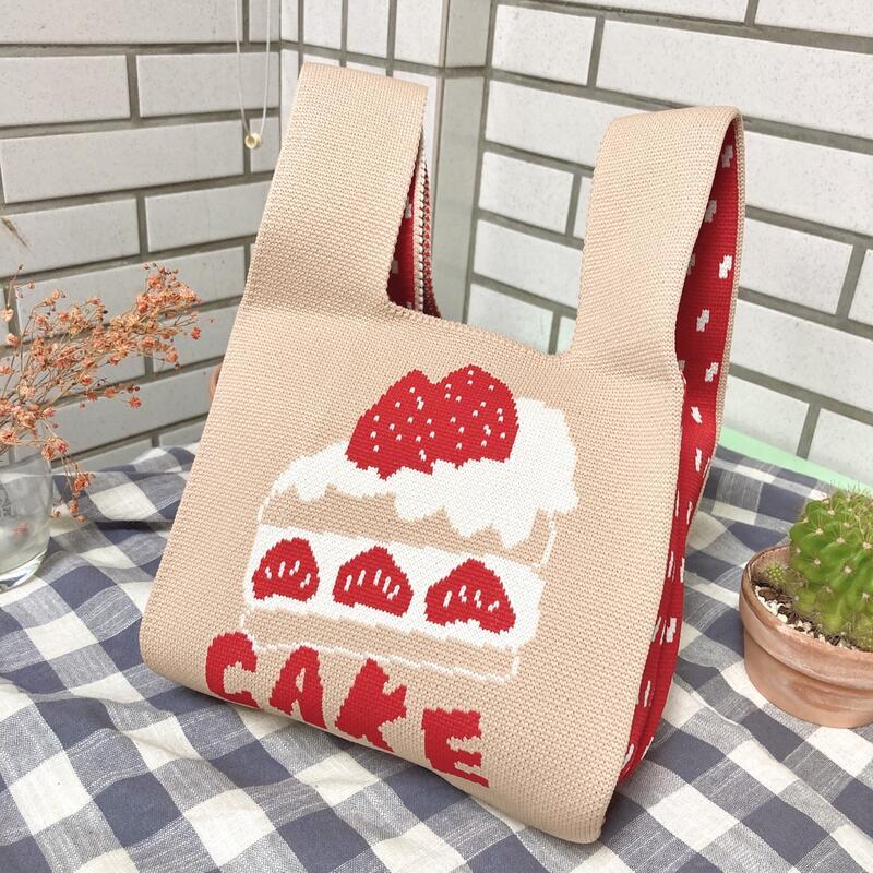 YaShan Art 日系 針織手提袋 正面草莓蛋糕 反面草莓 韓系手提包 編織手拎包 購物袋 便當袋 少女款 流行女包
