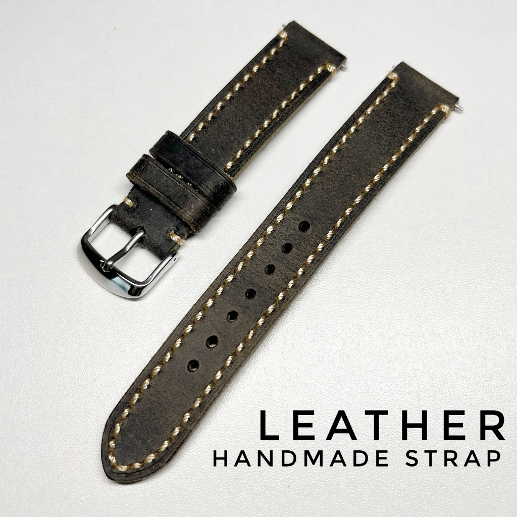 (19mm) Leather Strap 手工縫製 翻毛牛皮錶帶 真皮錶帶 灰色霧面 復古厚款 古董錶