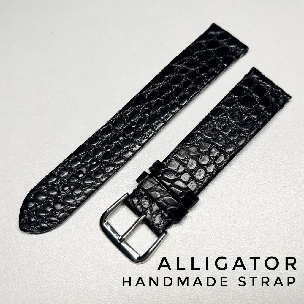 (16/18/19mm) Alligator Strap 手工縫製 鱷魚皮錶帶 真皮錶帶 黑色亮面 超薄柔軟 古董錶