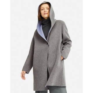 Uniqlo 雙面織紋羊毛大衣 冬天保暖連帽外套 灰藍色 尺寸L