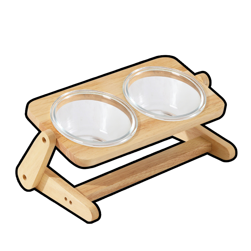 百變木架玻璃飛碟寵物碗 橡木碗架 2種尺寸 高度角度可調節 - 艾爾發寵物 Alphapetstw