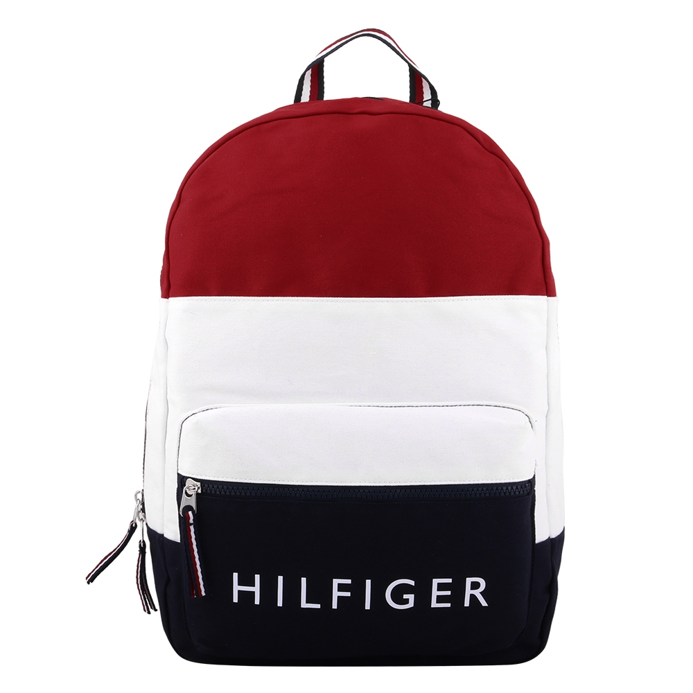 TOMMY HILFIGER-白字母標誌帆布手提後背包(紅x藍x白)