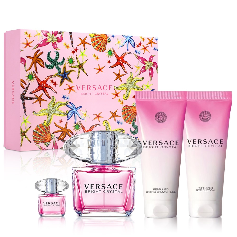 波妮香水♥VERSACE 凡賽斯 香戀水晶禮盒4入   90ml+5ml+身體乳液100ml+沐浴膠100ml