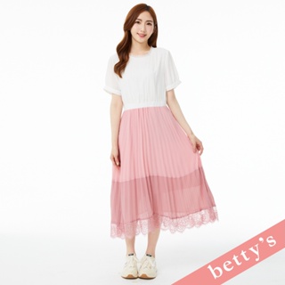betty’s貝蒂思(31)蕾絲雪紡撞色鬆緊腰百褶洋裝(白色)