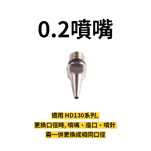 大陸製 噴筆零件0.2mm噴嘴 一個入 適用HD130系列 更換口徑時 噴嘴座口噴針需一併更換成相同口徑HD13002M