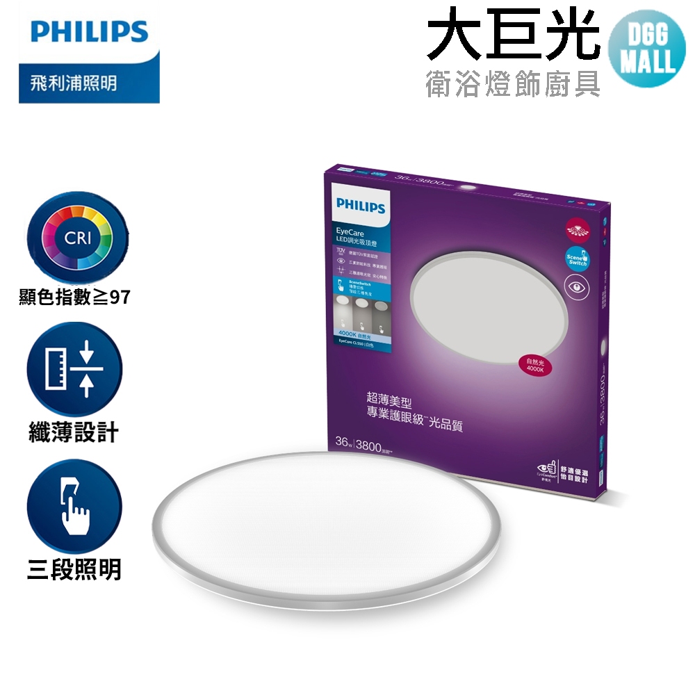 【Philips 飛利浦】EyeCare LED 36W超薄調光吸頂燈-自然光(PA016)