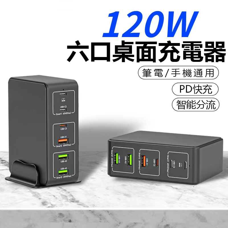 台灣專用 120W充電器 氮化鎵充電電源轉接器 支援20V5A充電 PD100W多口 3Type-C+3USB快充充電器