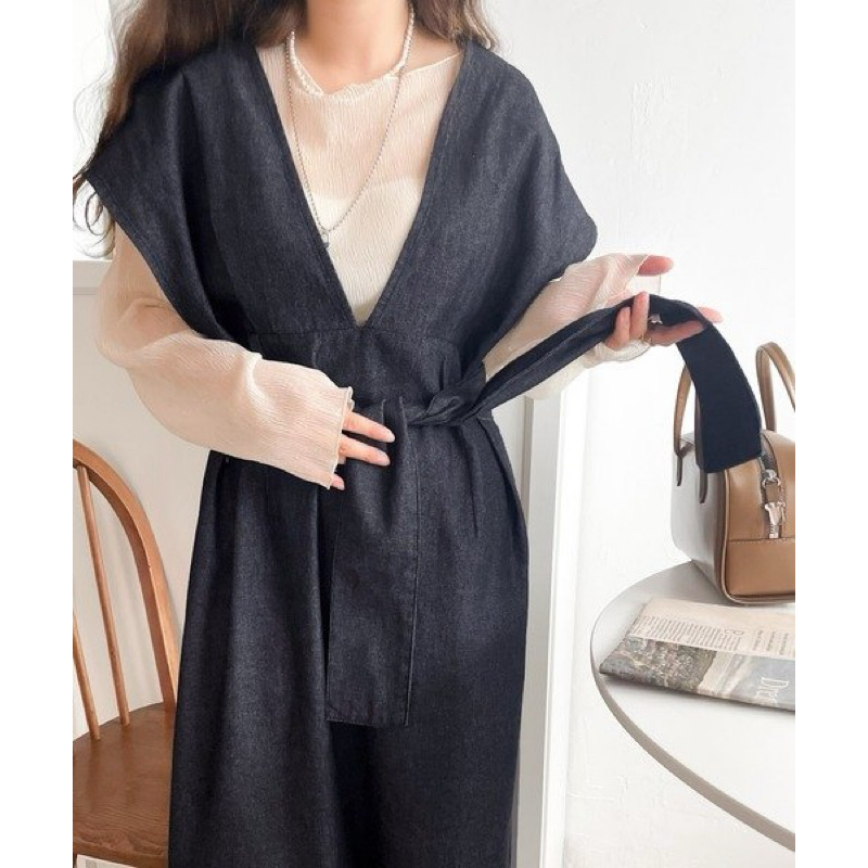 （多款 選3件1111元）日本洋裝Classical Elf  丹寧 洋裝 附綁帶 V領 牛仔背心洋裝 ¥6999