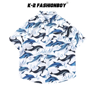【K-2】滿版 海洋 快樂海豚 扭動 白底襯衫 口袋襯衫 短袖襯衫 穿搭 海邊 情侶 愛動物 K2【H5642】