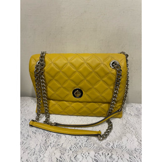 Kate Spade/ KS小香風真皮芥末黃銀色鏈條肩揹包、側揹包、斜揹包