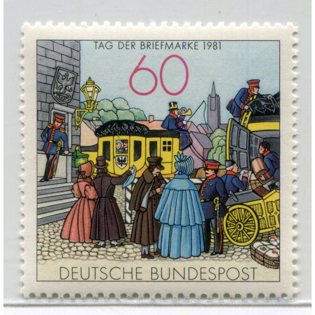 (集郵方寸，暢遊萬象) 外國郵票_德國 1981 郵票日 版畫 郵車旁的人們_1全 上品