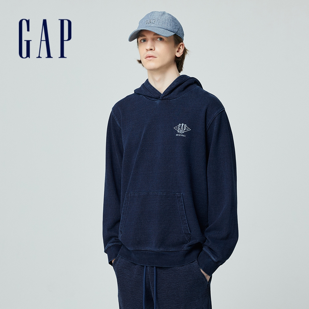Gap 男裝 Logo純棉印花帽T 復古水洗系列-深藍色(890971)