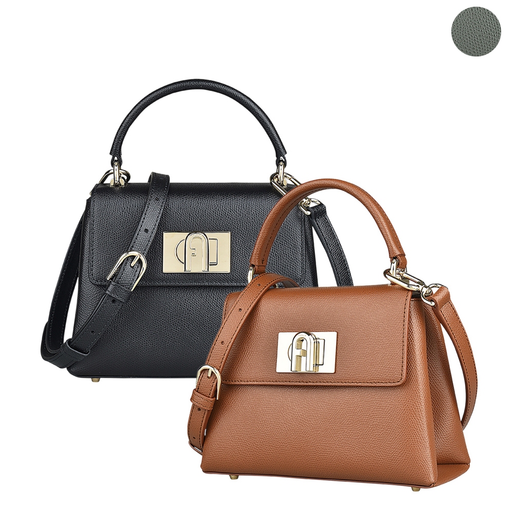 FURLA 1927金字LOGO防刮牛皮旋鈕式手提斜背包(迷你/三色)