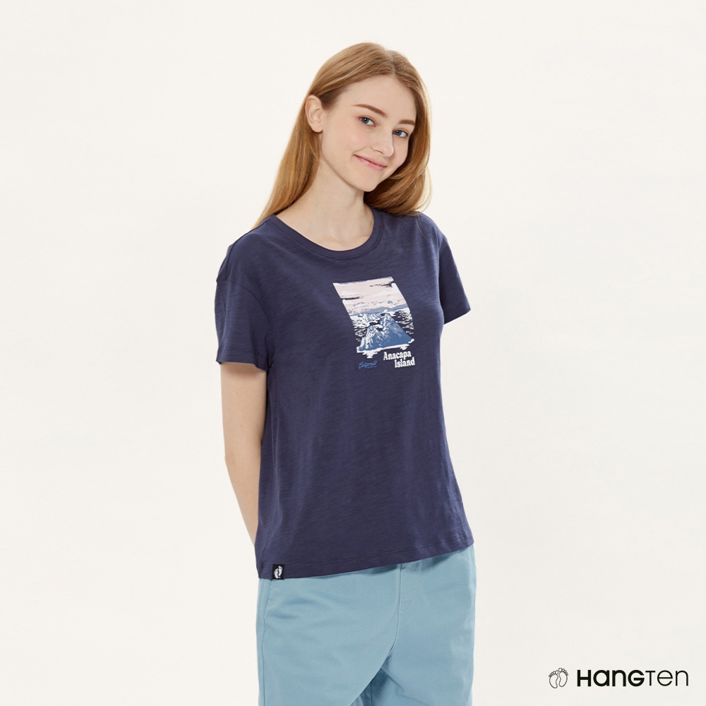 Hang Ten 女裝竹節棉國家公園風景印花短袖T恤(深藍)