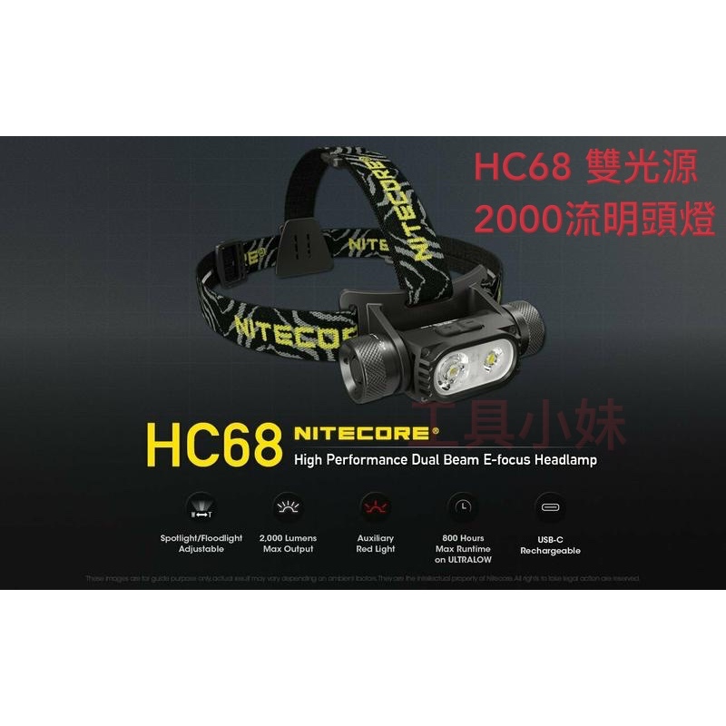 ～工具小妹～ NITECORE HC68 電子調焦 2000 流明 聚泛光 變焦頭燈 強光LED USB充電頭燈