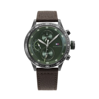 【For You】當天寄出 I Tommy Hilfiger 鐵灰殼 綠色面 三眼日期顯示腕錶 深咖啡色皮革錶帶