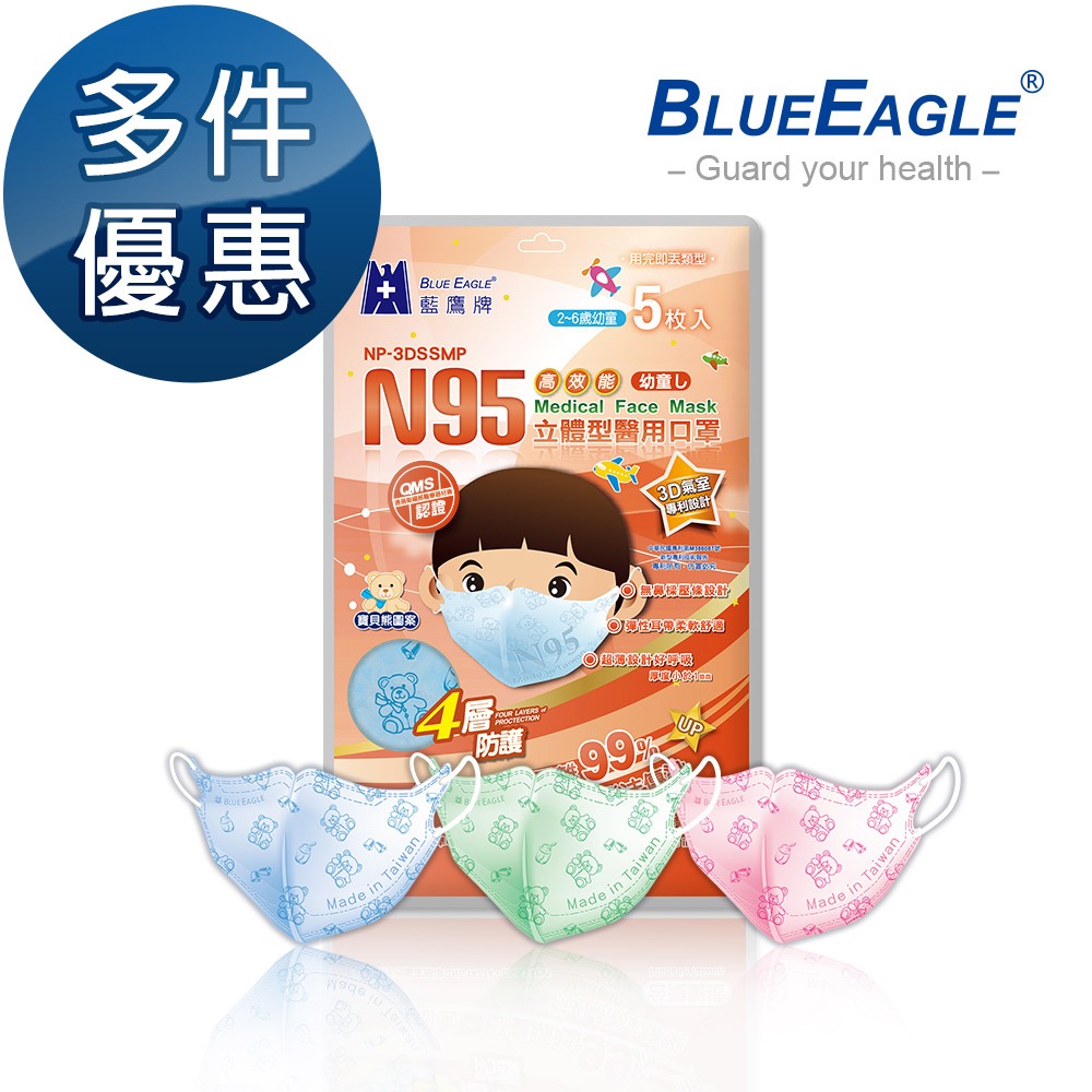 藍鷹牌 N95立體型2-6歲幼童醫用口罩 5片x1包 多件優惠中 NP-3DSSMOP