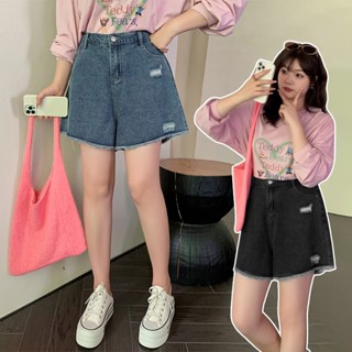 CCGIRL中大尺碼 時髦小流蘇單邊刷破設牛仔短褲(後鬆緊)-共3色-適XL～4L《Y0221》大尺碼女裝 中大尺碼短褲