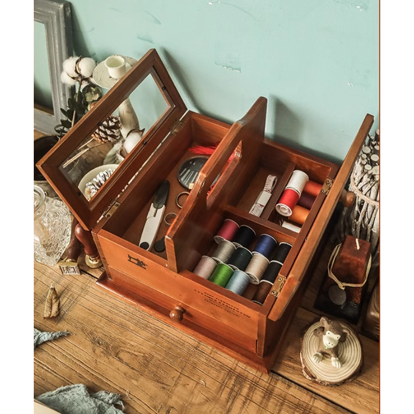 ✨現貨✨木製手提 仿舊復刻 針線盒 珠寶盒 工具箱 醫藥盒 分隔分類小物收納 飾品收納 桌上縫紉工具收納 木盒 懷舊