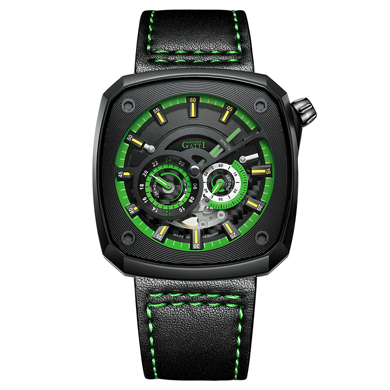 【For You】BONEST GATTI 布加迪 原廠授權 - 黑x螢光綠款 夜光錶盤 皮革錶帶 機械手錶 男錶