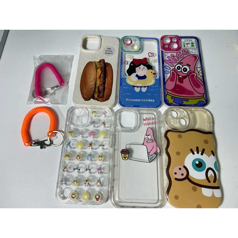iphone14手機殼 6件組/海綿寶寶與派大星/漢堡/白雪公主/手繩