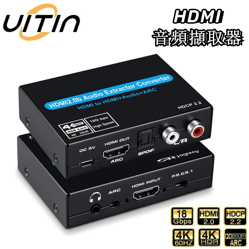 HDMI 音頻擷取器附ARC 4K@60HZ音頻高清轉換器支援5.1光纖音頻分離 搭配toslink立體聲 適用於 PS