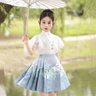 【童裝】女童馬面裙 女童套裝 女童短裙 兒童夏季套裝 新款兒童中國古風 兒童古裝 女童漢服 女童半身裙 小女孩明製唐裝