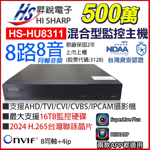 昇銳公司貨 HS-HU8311 (取代HQ8311) 台灣製 H.265 8路 8聲同軸音頻 500萬 監視器