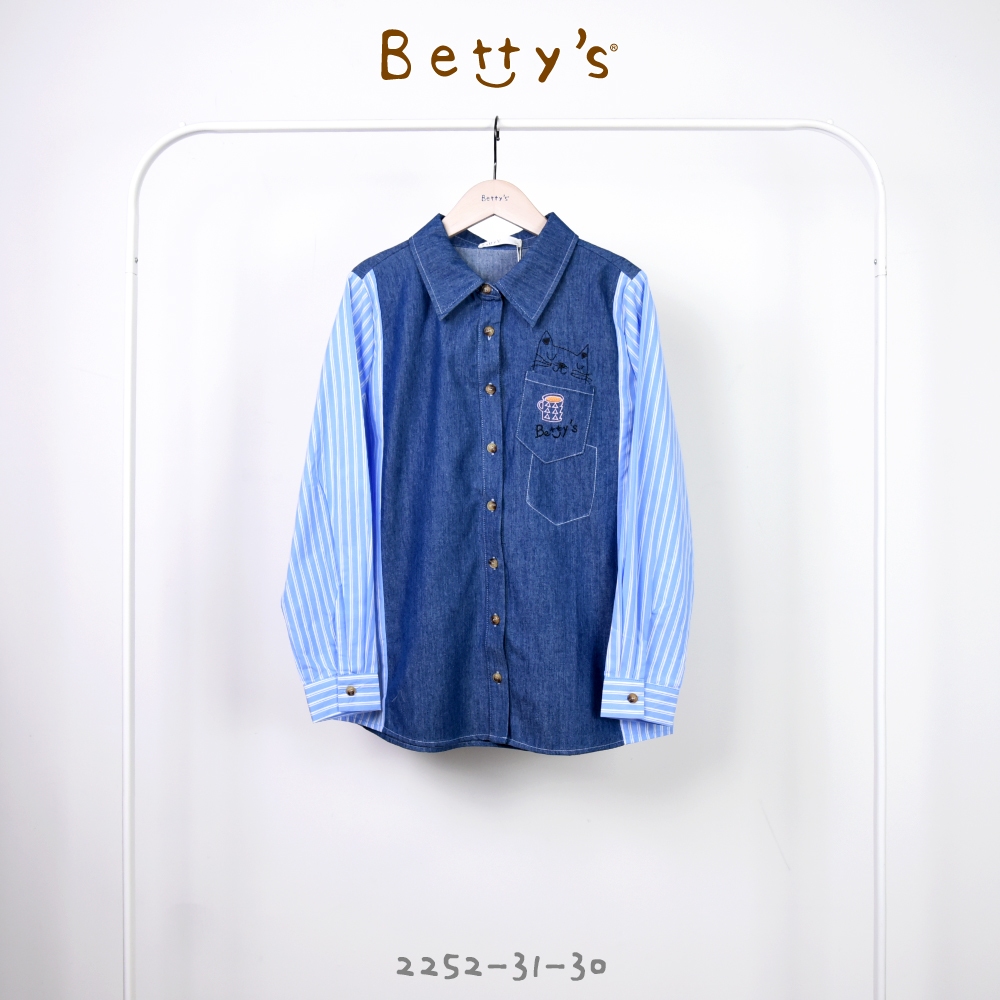 betty’s貝蒂思(25)貓咪條紋拼接牛仔長袖襯衫(藍色)