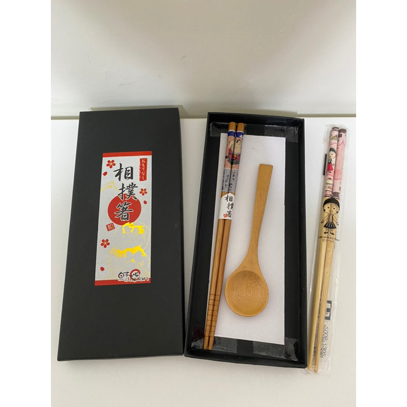 全新-日本相撲箸一對、木筷子🥢、木湯匙 餐具 贈送7-11櫻桃小丸子米蘭篇限定版木筷