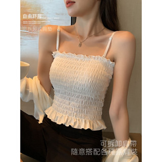 【簡美麗人】小可愛 冰絲褶皺背心 美背吊帶背心 帶胸墊抹胸 打底衫上衣 泫雅風裹胸 學生內衣 女生背心