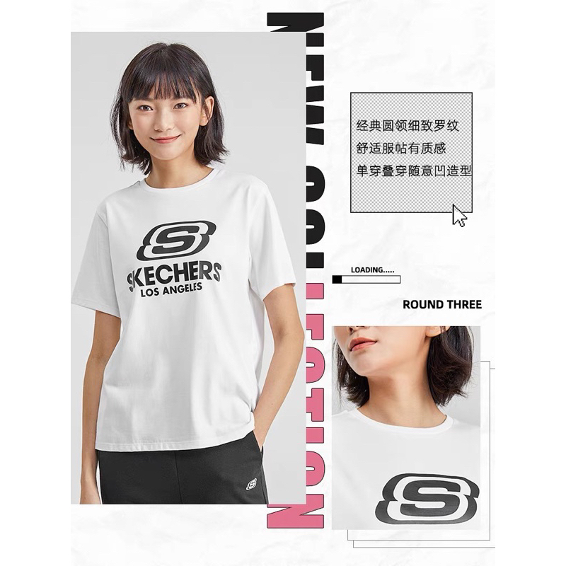 Skechers斯凱奇春夏新款女款圓領寬鬆半袖上衣針織運動短袖T恤衫 S size 白色