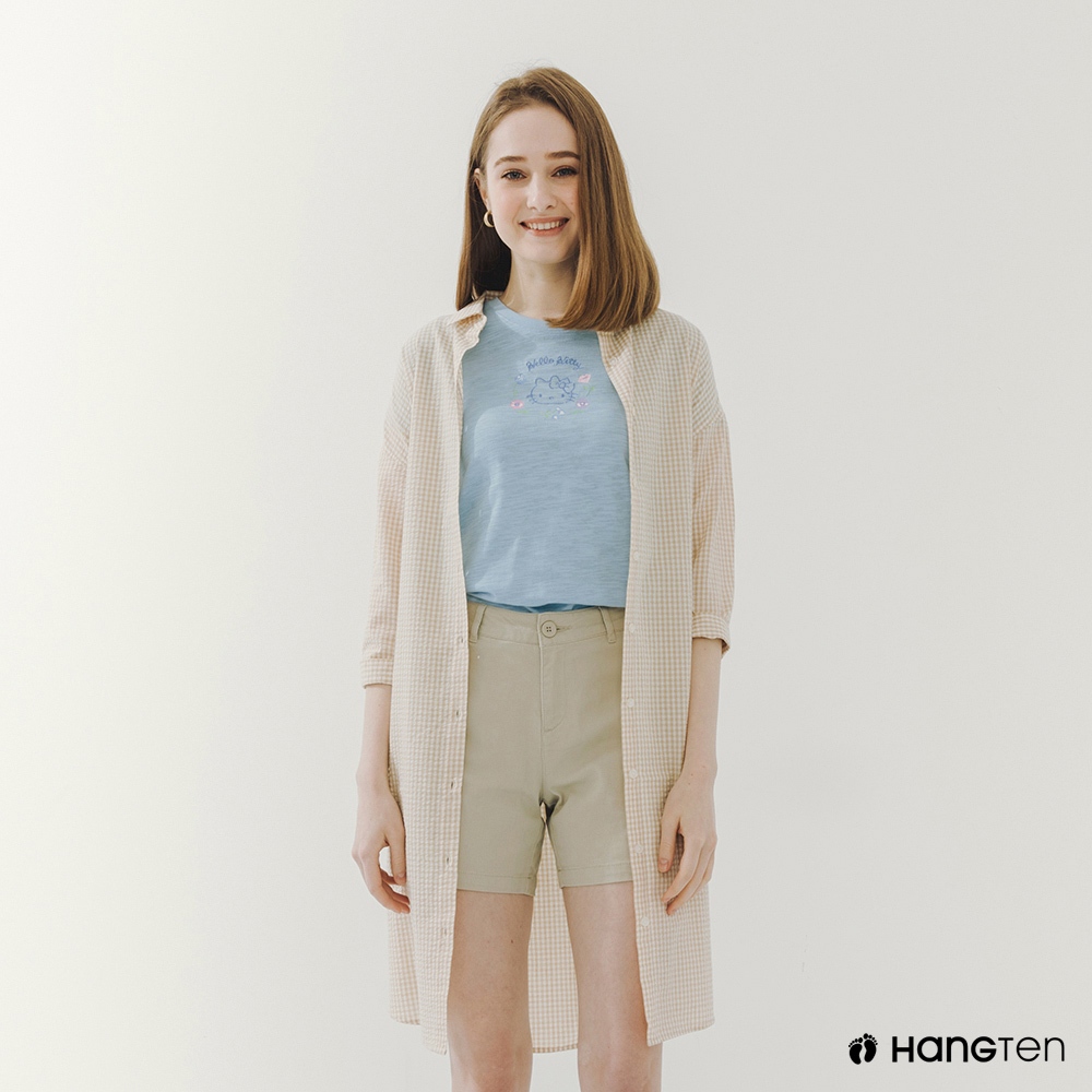 Hang Ten-女裝格紋七分袖襯衫洋裝(卡其)
