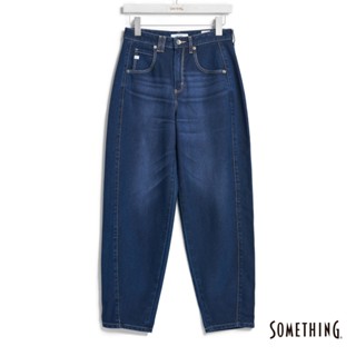 SOMETHING 女款 高腰針織丹寧鐘型牛仔褲(酵洗藍) 