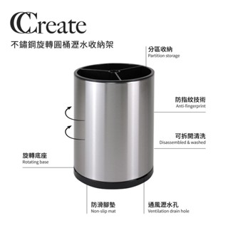 【CC家居】不鏽鋼旋轉圓桶瀝水收納架 ( 銀色 廚房 剪刀 料理工具 大型 分割槽 收納 )