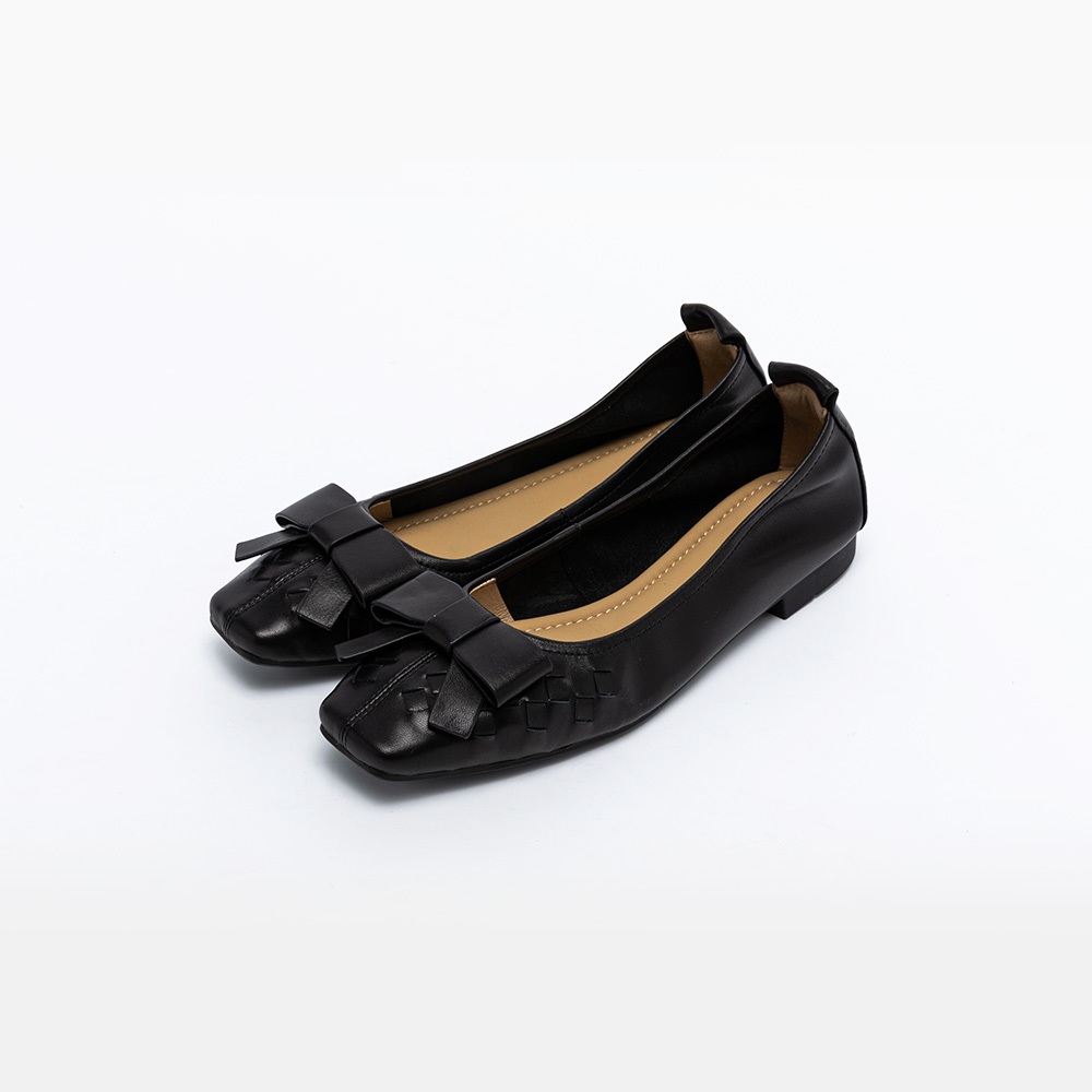 【Avivi】法式編織蝴蝶結低跟鞋 - 黑色、米色