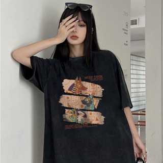 【真的臺灣現貨】100%純棉做舊水洗黑碳黑復古埃及神獸英文字母正面印花圓領T恤情侶裝男女短袖上衣服大尺碼OVERSIZE