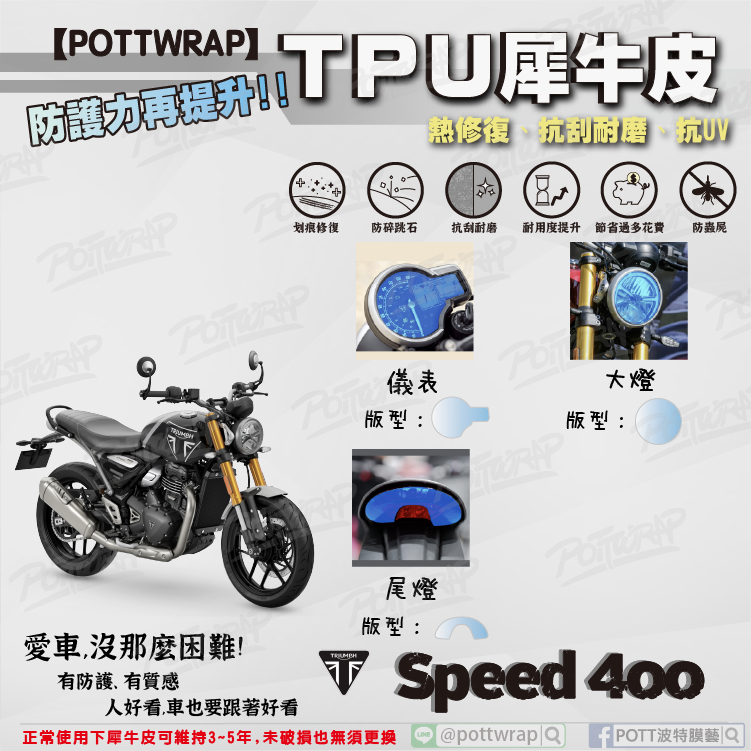 【POTTWRAP】TRIUMPH Speed 400 儀表 大燈 尾燈 犀牛皮TPU保護膜/保護貼