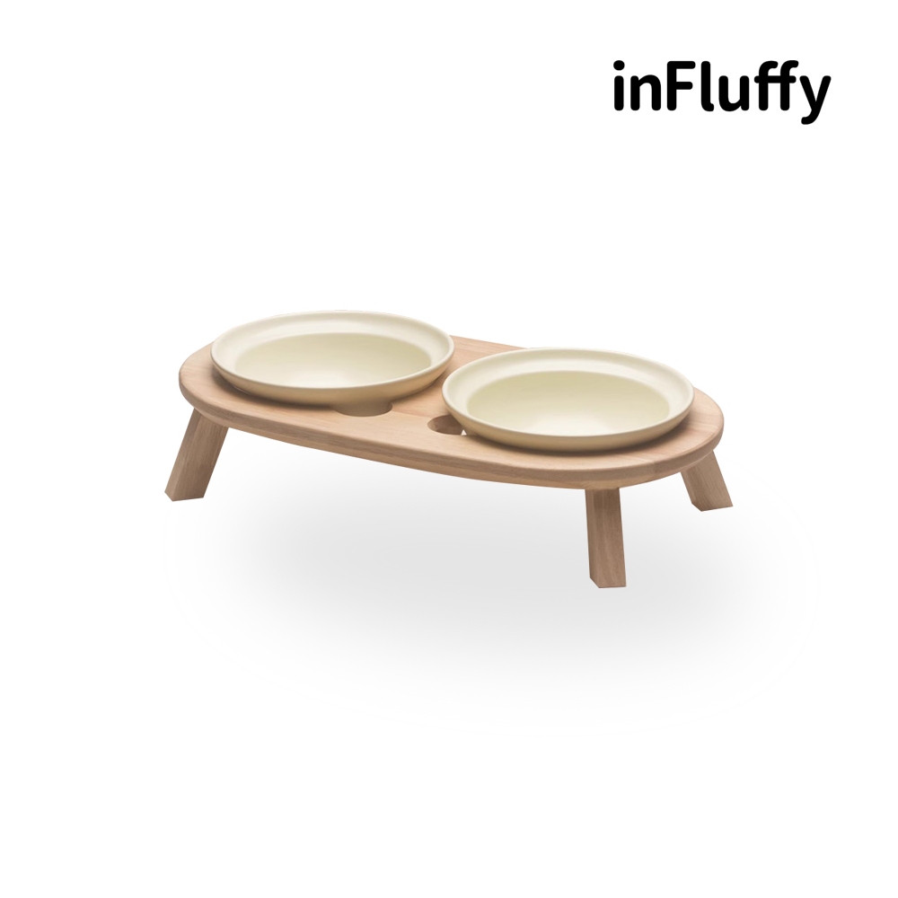 inFluffy 木作分體陶瓷寵物碗 雙碗 貓用 犬用 貓狗通用 寵物碗 陶瓷碗 實木 碗架